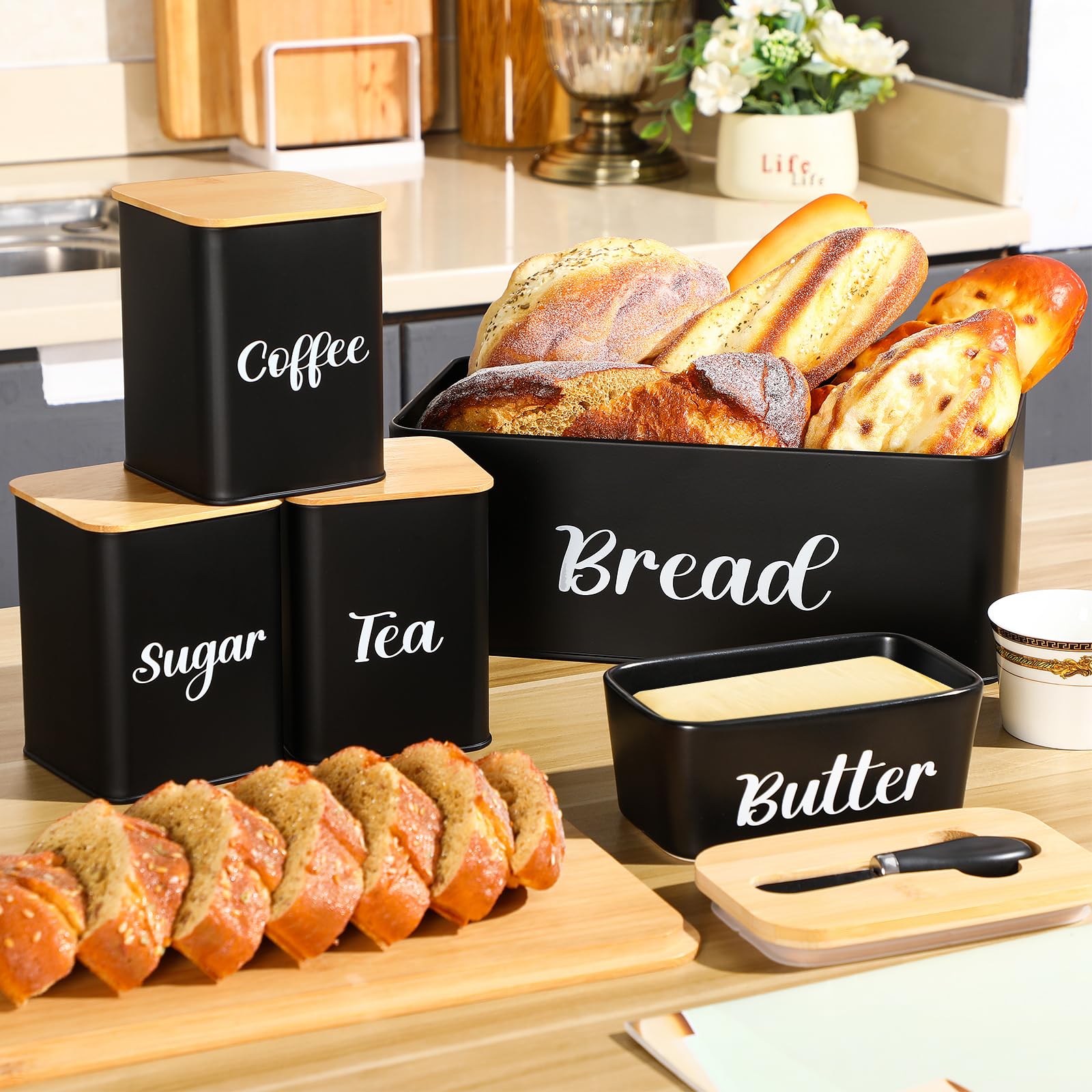 Amazon.com: Domensi Metal Bread Box and Ceramic Butter Dish with 3
